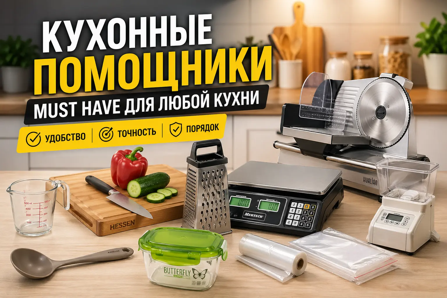 Кухонные помощники для дома &mdash; ломтерезка, весы, тёрка, контейнеры и аксессуары на современной кухне