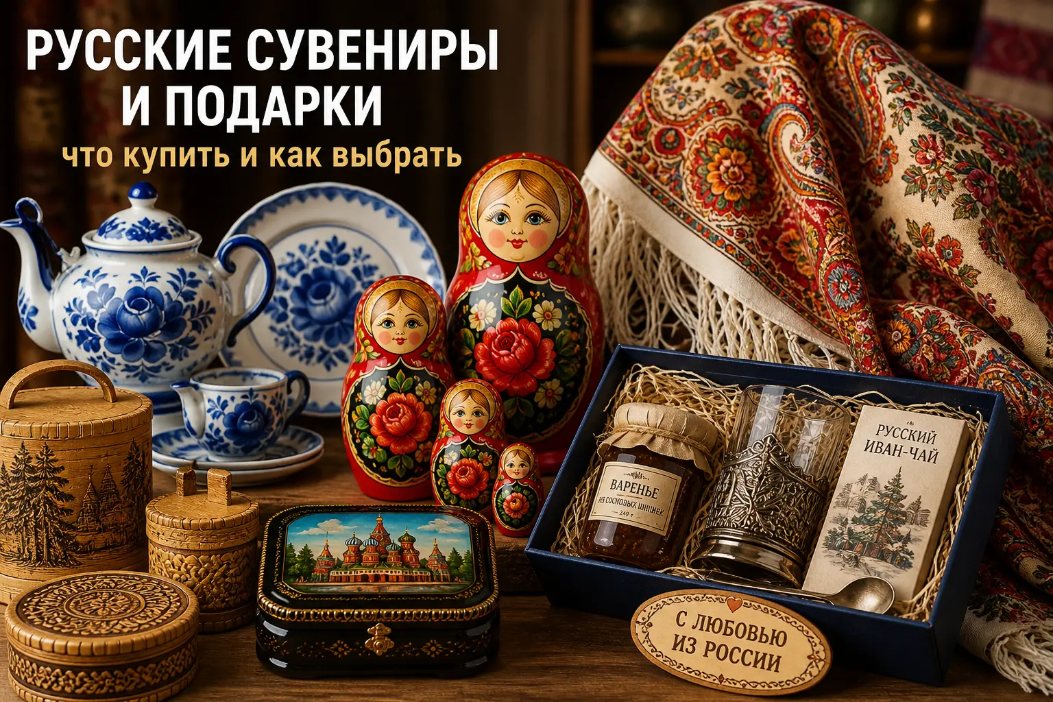 русские сувениры и подарки матрёшки гжель платки подарочные наборы из России