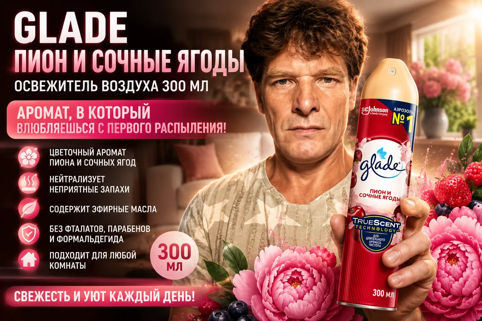 Освежитель воздуха Glade &laquo;Пион и сочные ягоды&raquo; 300 мл &mdash; мой обзор, аэрозоль для дома с ароматом пиона, ягод и ванили