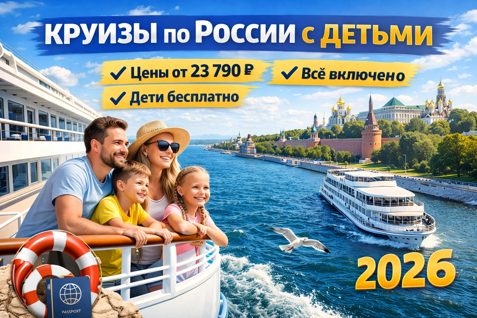 круизы по России с детьми теплоход отдых семья дети бесплатно 2026