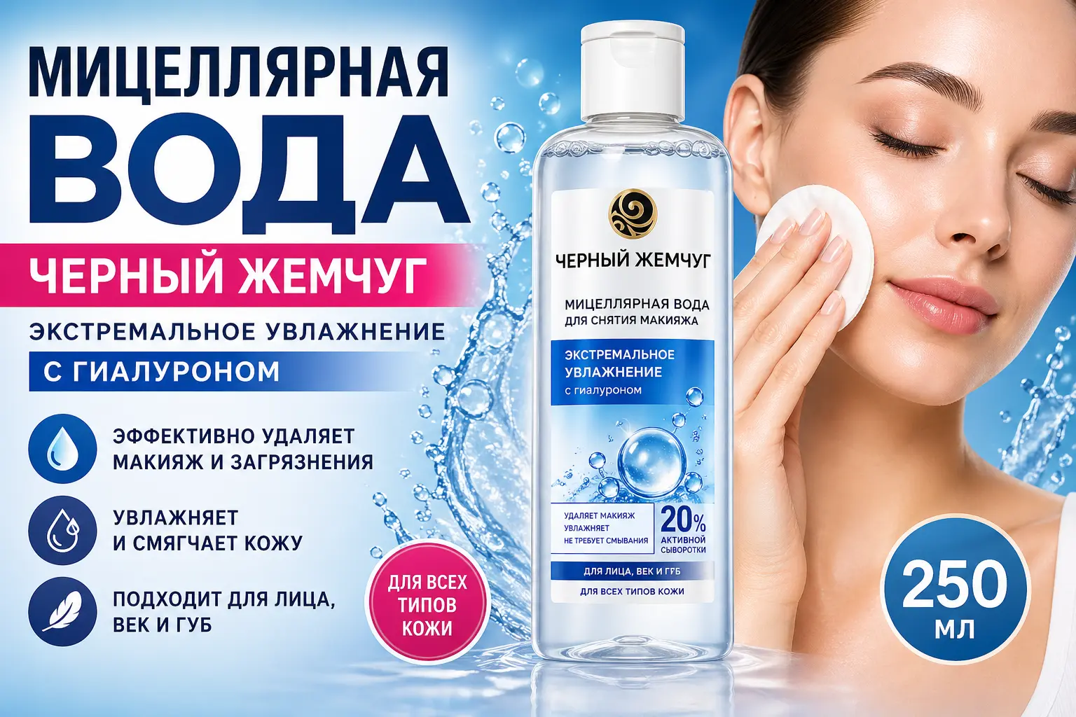 Мицеллярная вода Черный Жемчуг с гиалуроном &mdash; очищение кожи и снятие макияжа без раздражения