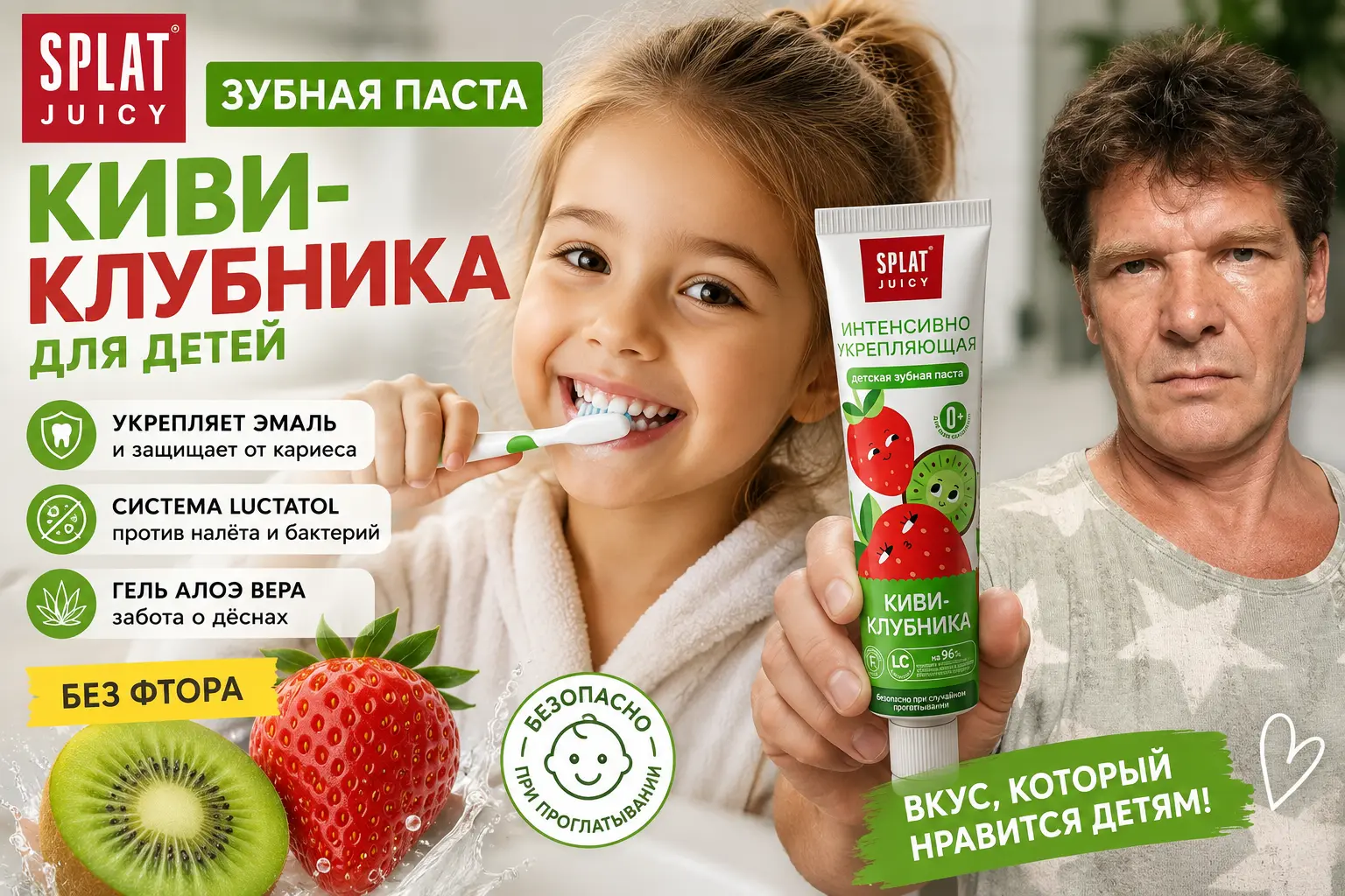 Мужчина держит зубную пасту Splat Juicy Киви-клубника 35 мл рядом с улыбающейся девочкой, которая чистит зубы
