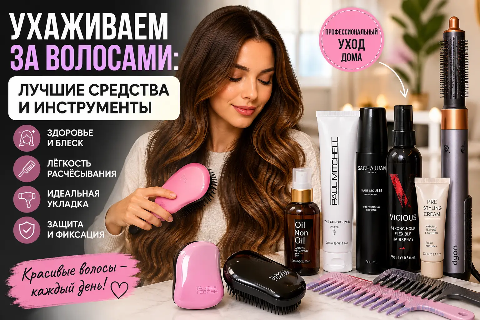 средства для ухода за волосами и укладки Dyson Airwrap Tangle Teezer и профессиональная косметика