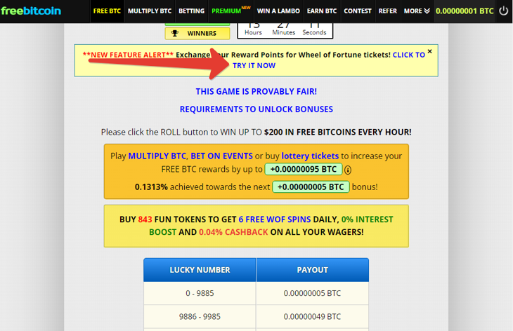 Обмен на Freebitcoin REWARD POINTS на WHEEL OF FORTUNE BONUS 