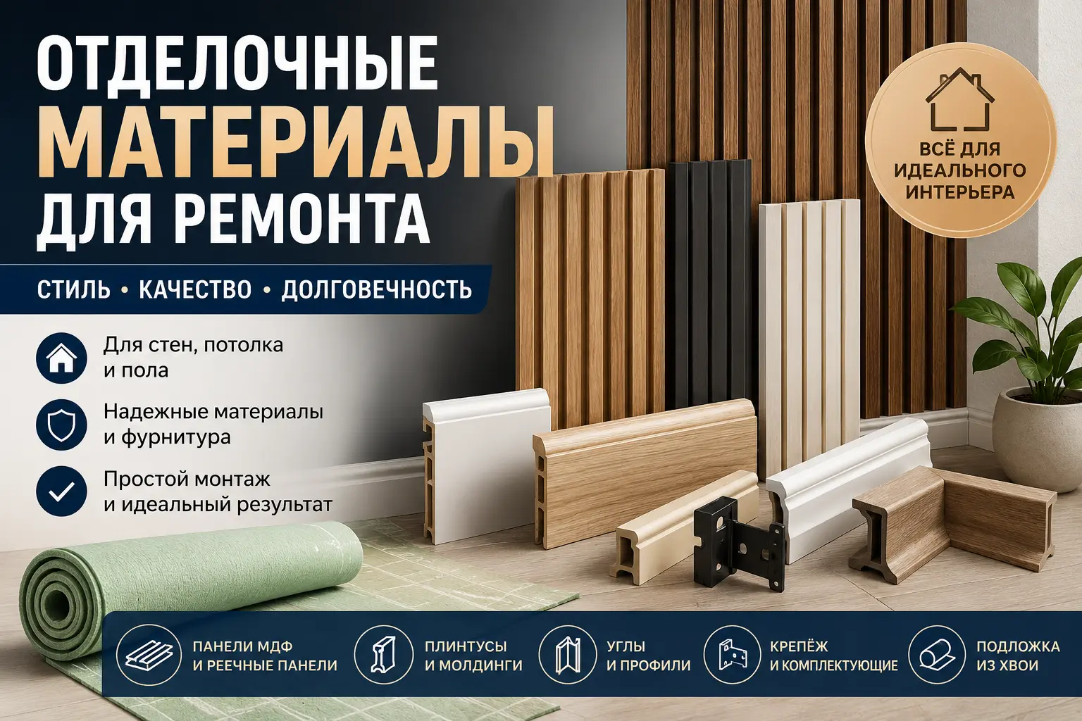 Отделочные материалы для ремонта квартиры &mdash; панели МДФ, рейки, плинтусы и комплектующие для стильного интерьера