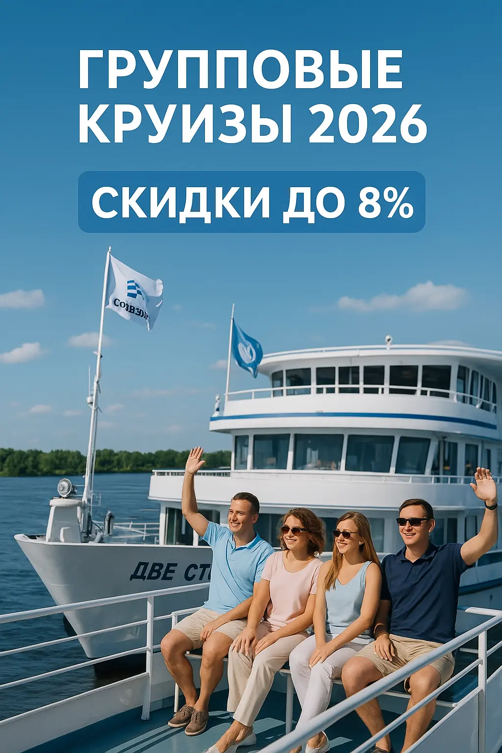 Групповой круиз 2026 на теплоходе: друзья и коллеги отдыхают на палубе с видом на реку, флаги компании «Созвездие» и теплоход «Две столицы».