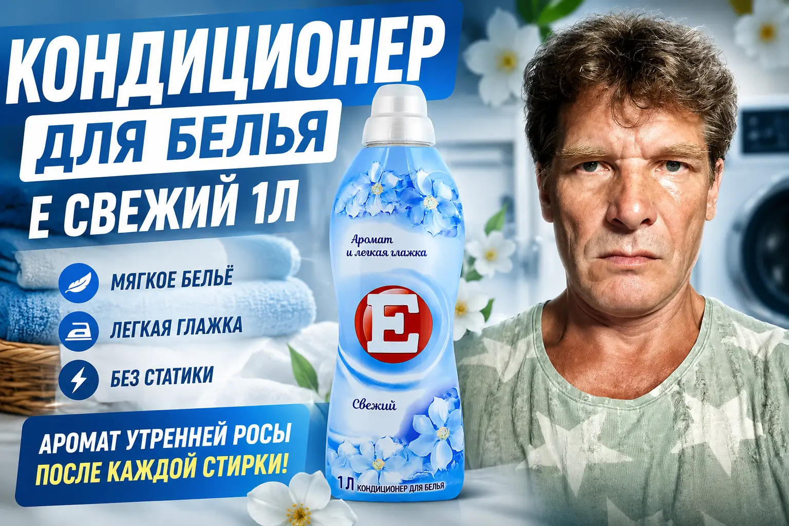 Кондиционер для белья Е &laquo;Свежий&raquo; 1 л и автор статьи на обложке обзора средства для смягчения белья
