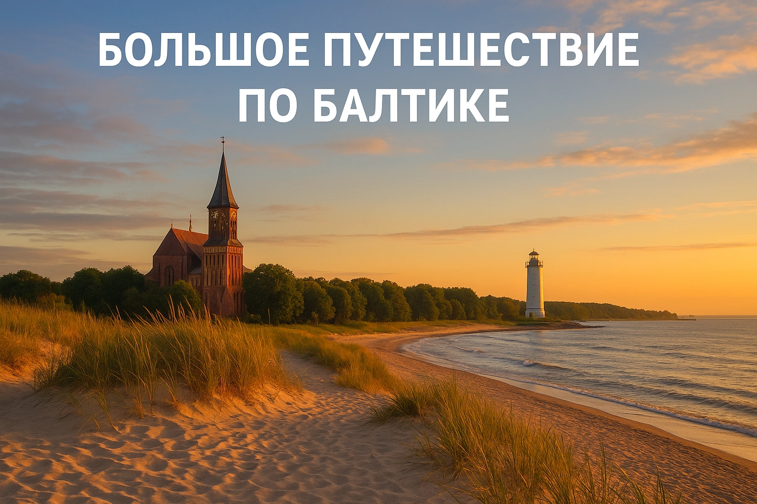 Кафедральный собор в Калининграде на фоне Балтийского моря и старинного маяка, фото для статьи о путешествии по Балтике
