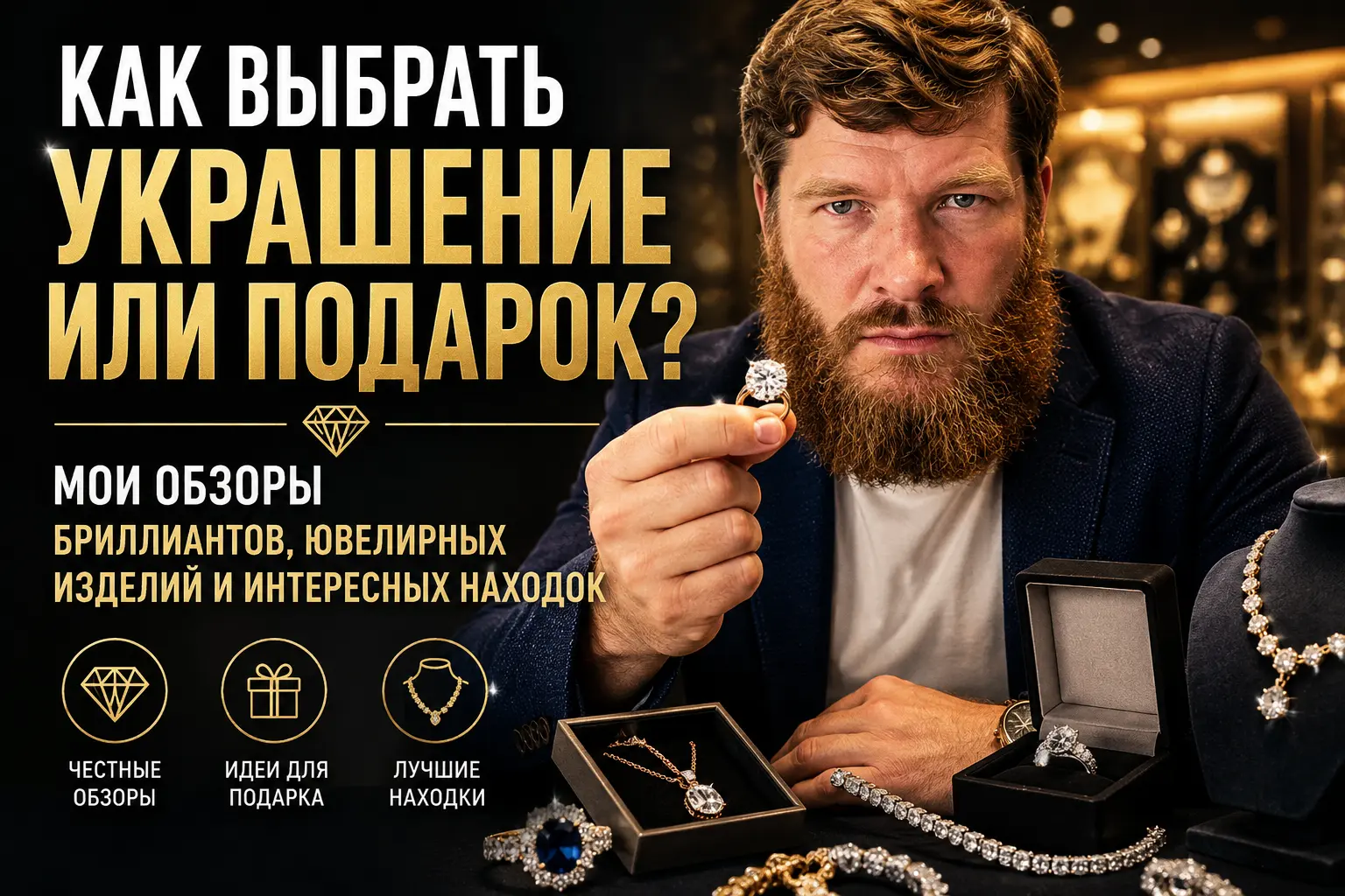 Андрей Смирнов в ювелирном салоне держит кольцо с бриллиантом и рассказывает о выборе украшений, бриллиантов, подарков и интересных ювелирных находках. На витрине представлены кольца, серьги, колье и другие драгоценные украшения.